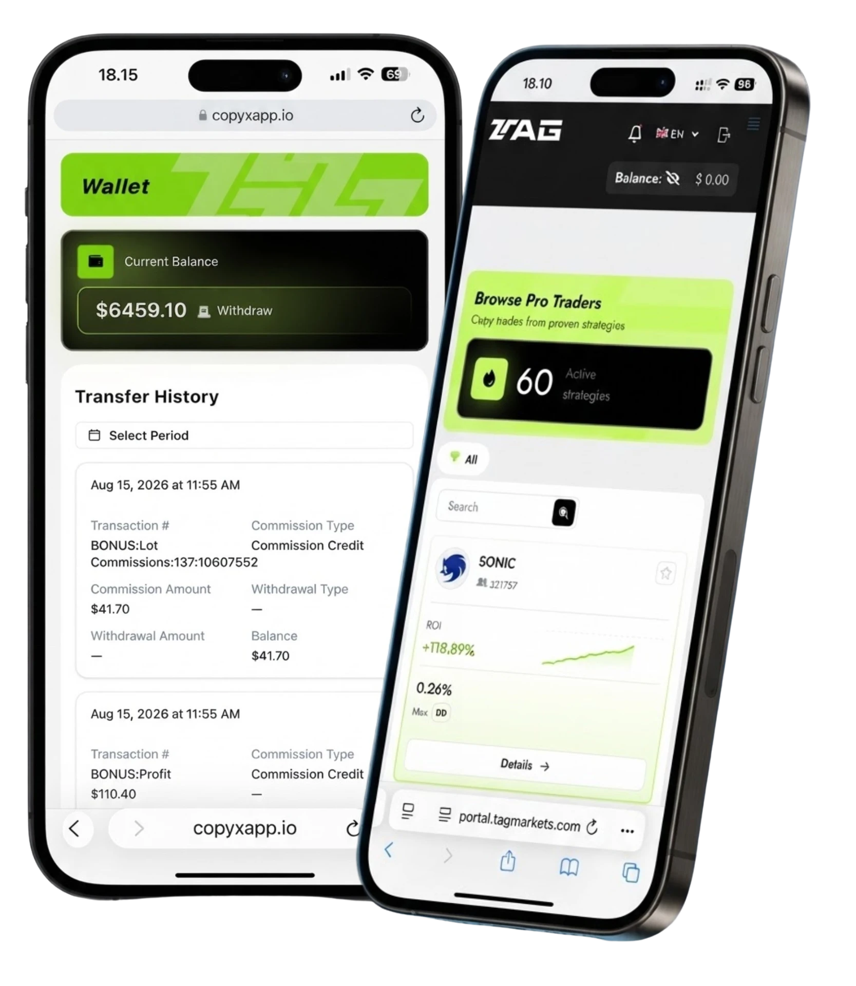 CopyX & Tag Markets mobile trading dashboards showing Sonic AI